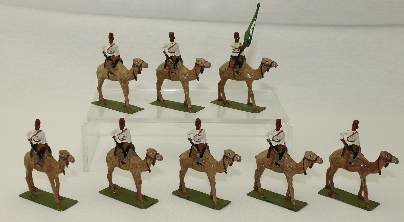 48mm Spanish Made Egyptian Camel Corps: Unknown Spanish Maker. Egyptian Camel Corps with Banner Bearer. Tin Bases. 48mm. 8 Pieces. Condition Very Good. No Box.