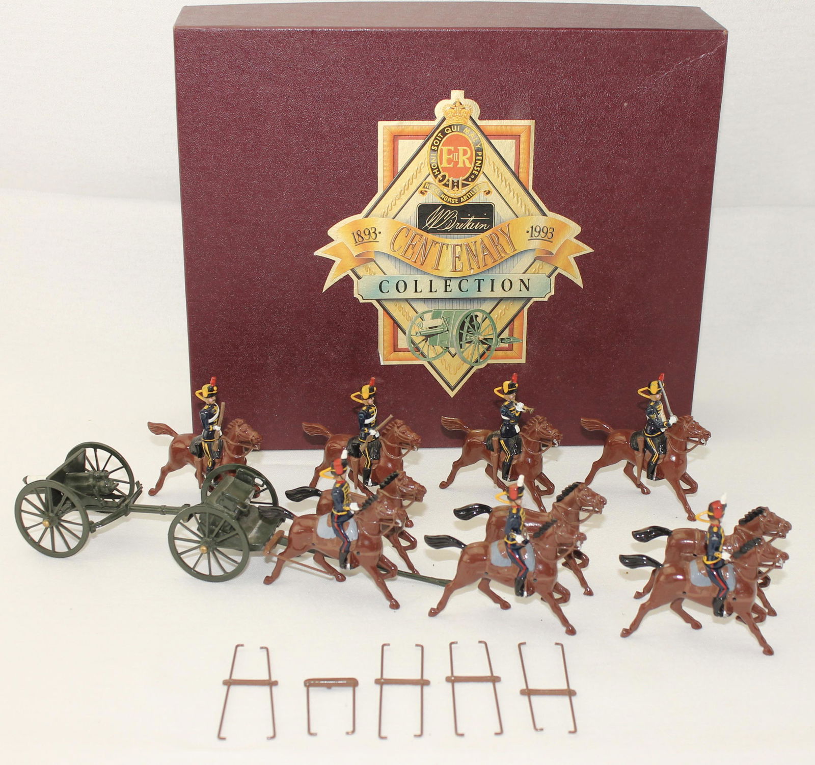 Britains Lot Royal Horse Artillery: Centenary Series. Royal Horse Artillery. Lot includes Set #8825 Royal Artillery 6 Horse Limber with Cannon and Gun Team Add On Set. 12 Pieces Plus. Condition Good to Very Good. One Limber Harness Deta