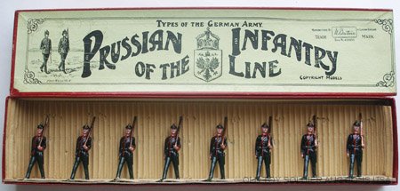 Britains Set #154. Prussian Infantry: 8 Pieces. Pre War 1919-1941 Version. With Original Whisstock Types of the German army Box and inner retaining card.