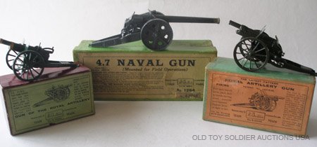 Britains Sets #1201, #1264, #1291 Guns: Britains Sets #1201 R.A. Gun 18 Pounder, 1264 -4.7 Naval Gun with Shield as issued in 1932 and 1292 Medium R.A Gun With Original Boxes. 1201 and 164 being in Unusual late Pre War Green Boxes.1201 has 