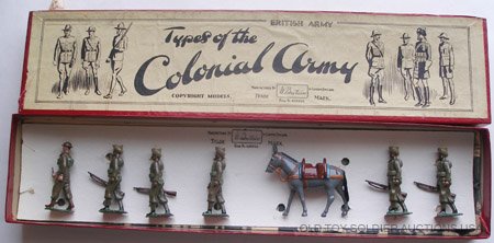 Britains Set #1893 Royal Indian Army Service Corps: Britains Set #1893 Royal Indian Army Service Corps with Mule. 7 Pieces. Pre War 1940 only. With Original Types ofthe Colonial Army Box - Untied and F.A. O Schwarz label withExport Stock number 18/102 