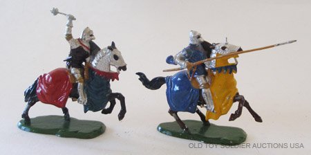 Britains From Set # 1659/1663 2 Mounted Knights: Knights of Agincourt Mounted. Knight with Mace and Mounted Knight with Lance.Post War. 2 Pieces.