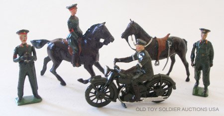 Britains Set # 1907General Staff in Service Dress.: Officer with Binoculars, Motor Cycle Dispatch Rider, Mountedand walking Officers and unsaddled Horse. Unboxed. Post War. 5Pieces, (Paint not matching).