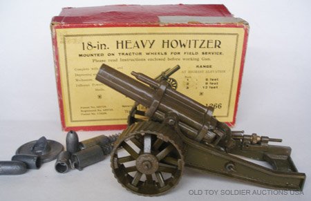 Britains 18 Inch Mobile Howitzer.: Pre War with OriginalIllustrated Box. Khaki Version with Shells.