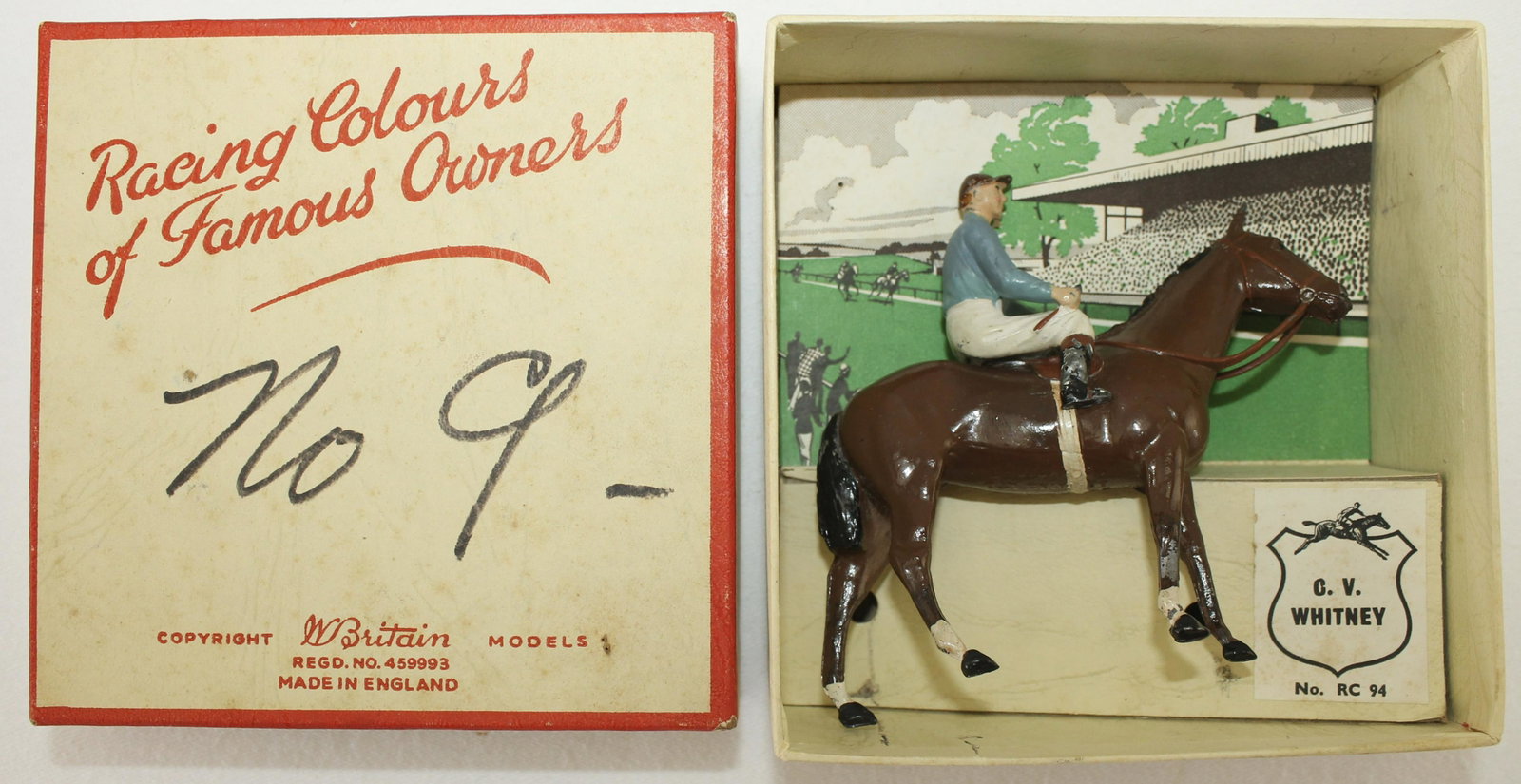 Britains American Racing Colors: Set RC-94. C. V. Whitney. Post War. Rider's Crop Broken. 2 Pieces. Condition Fair to Good. Left Boot Damaged. Box Very Good. Ink Writing on Box Top.