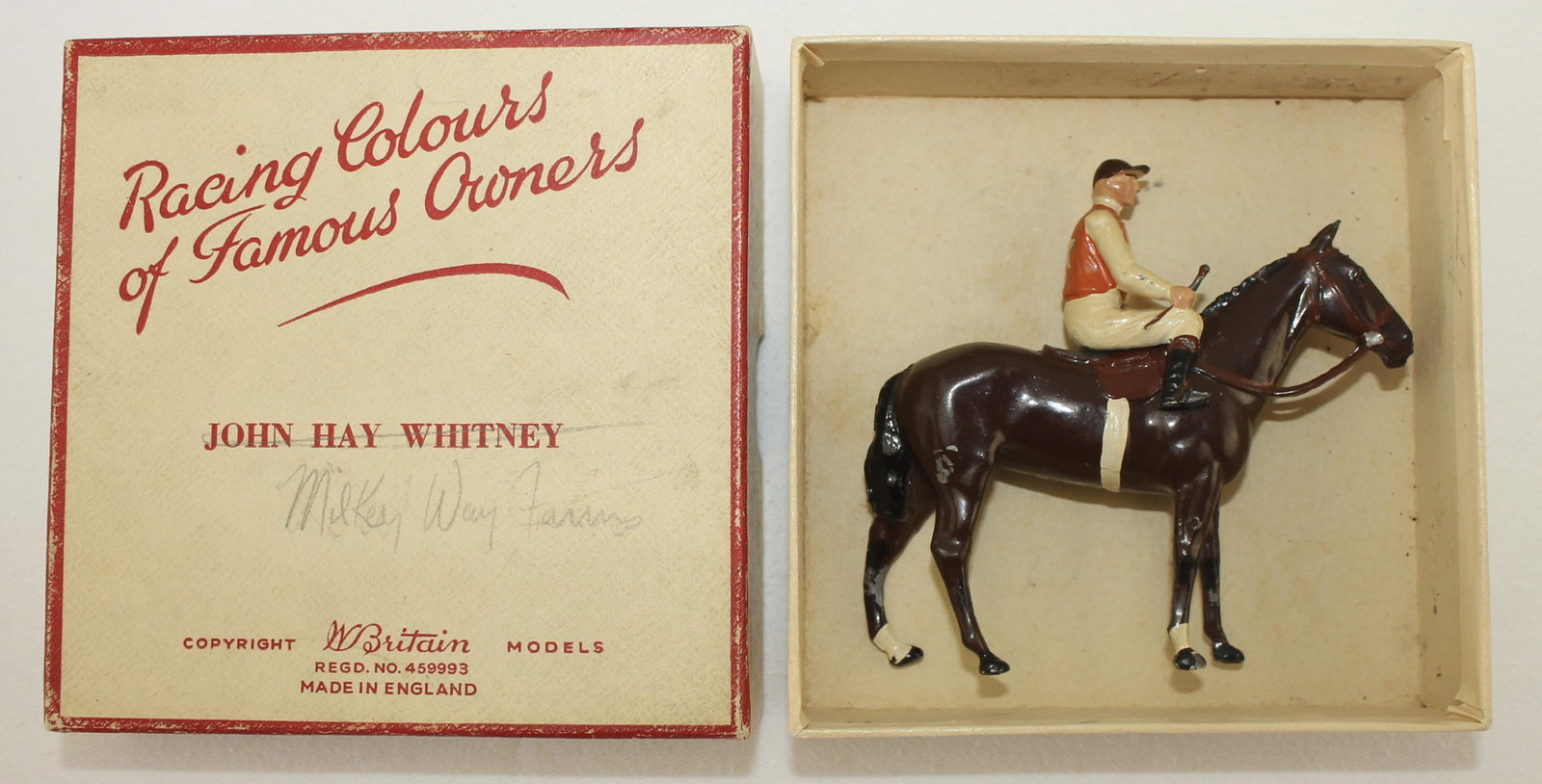 Britains American Racing Colors: Set RC-119. Milkway Farm. Post War. Rider's Crop Intact. 2 Pieces. Condition Very Good to Excellent. Box Very Good. Incorrect Box For John Hay Whitney. Pencil Writing on Label.