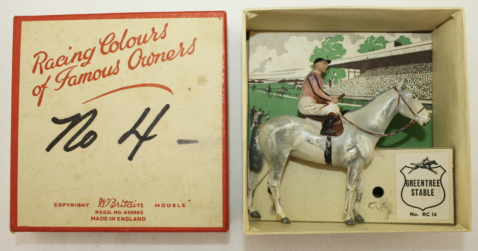 Britains American Racing Colors: Set RC-16. Greentree Stable. Post War. Rider's Crop Intact. 2 Pieces. Condition Very Good. Box Very Good. Ink Writing on Box Top.
