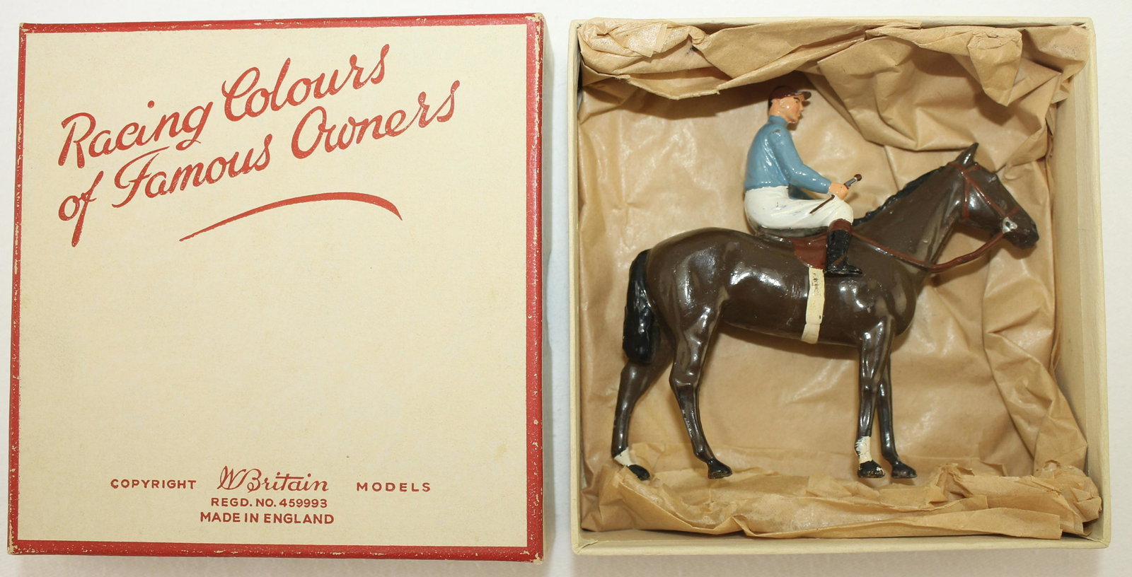 Britains American Racing Colors: Set RC-94. C. V. Whitney. Post War. Rider's Crop Intact. 2 Pieces. Condition Very Good to Excellent. Box Excellent.
