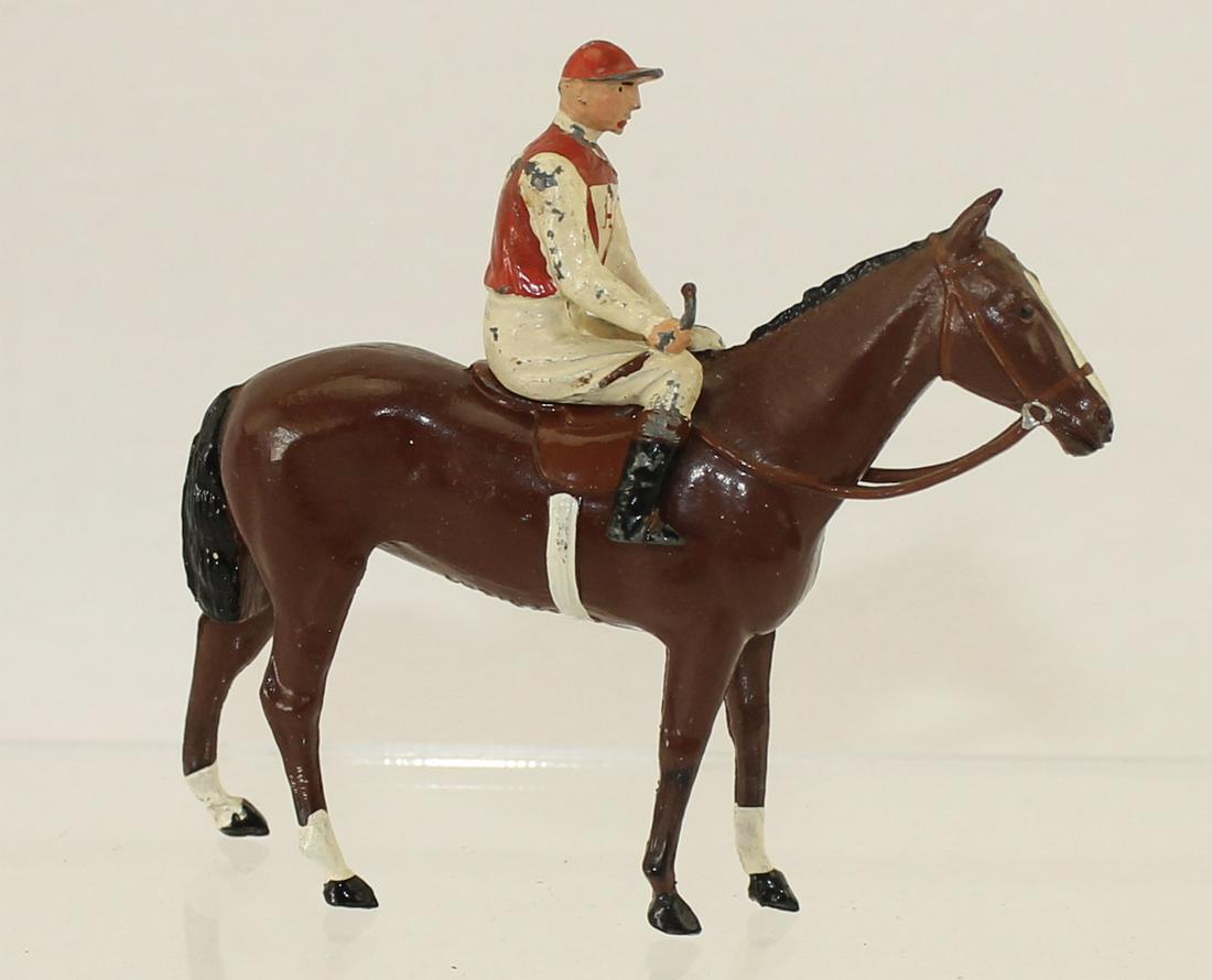 Britains American Racing Colors: Set RC-127. Mr. Charles S. Howard. Post War. Rider's Crop Bent but Intact. 2 Pieces. Condition Good. Some Paint wear. No Box.