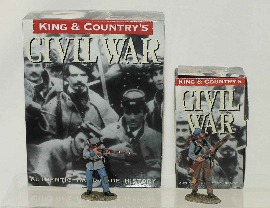 King & Country Lot ACW Confederate Infantry: American Civil War. Lot includes CW-021 Standing Firing and CW-022 Standing at the Ready. 2 Pieces. Condition Excellent. Boxes Excellent.