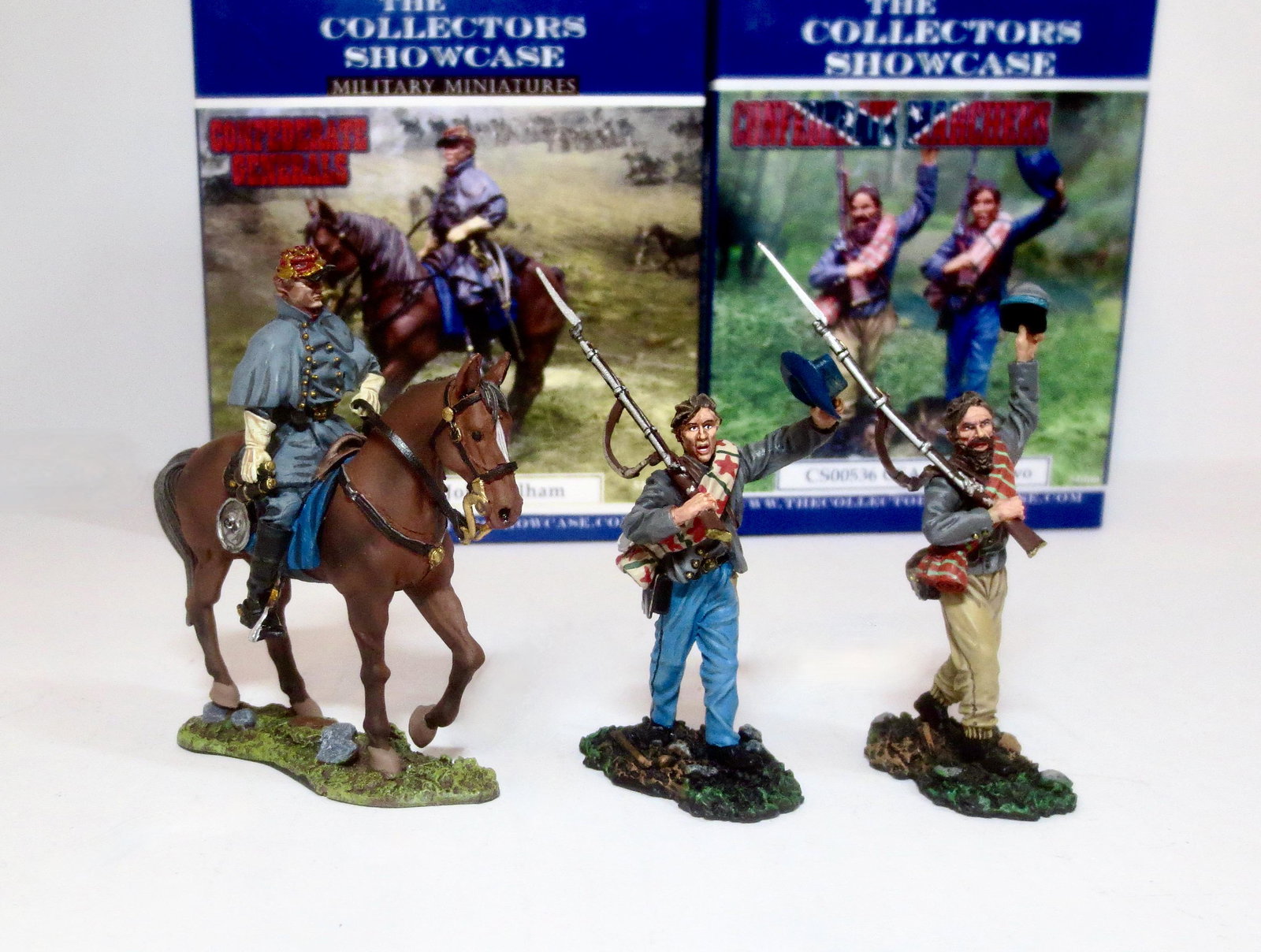 Collectors Showcase Civil War Confederates: General John Pelham #CS00529, and Infantry Waving #CS00536. 3 pieces. Mint condition. Boxes excellent.