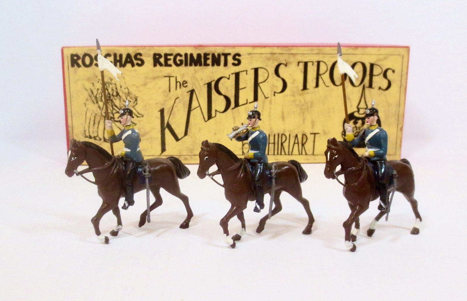 Hiriart #201 Dragoons with Trumpeter: From the Roschas Regiments "The Kaiser Troops" series. 3 pieces. Near mint condition. Box fair (top scuffs & wear).