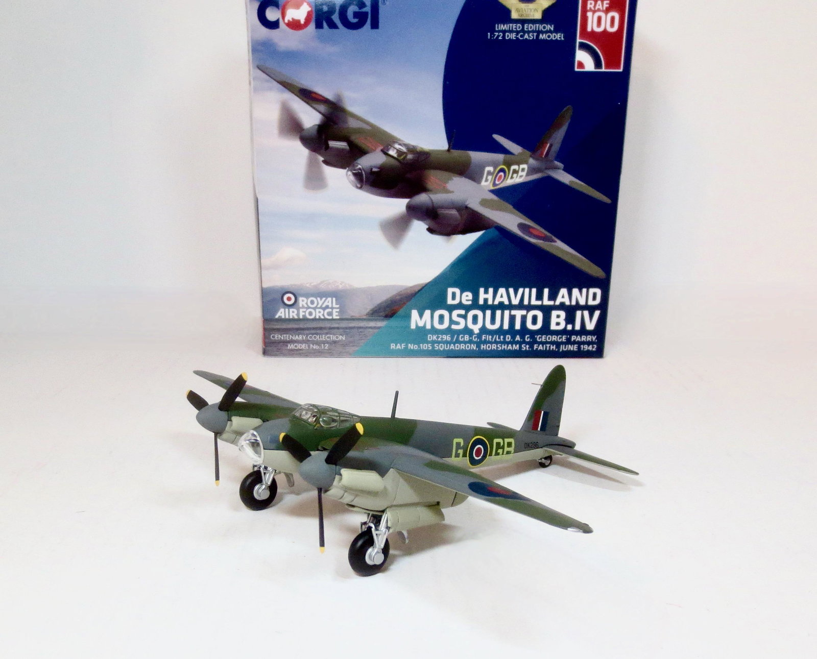 Corgi De Havilland Mosquito B.IV: From the Aviation Archive. Horsham St. Faith, June 1942. 1:72 scale. 7" long. Very good condition (missing stand and limited edition certificate). Box very good.