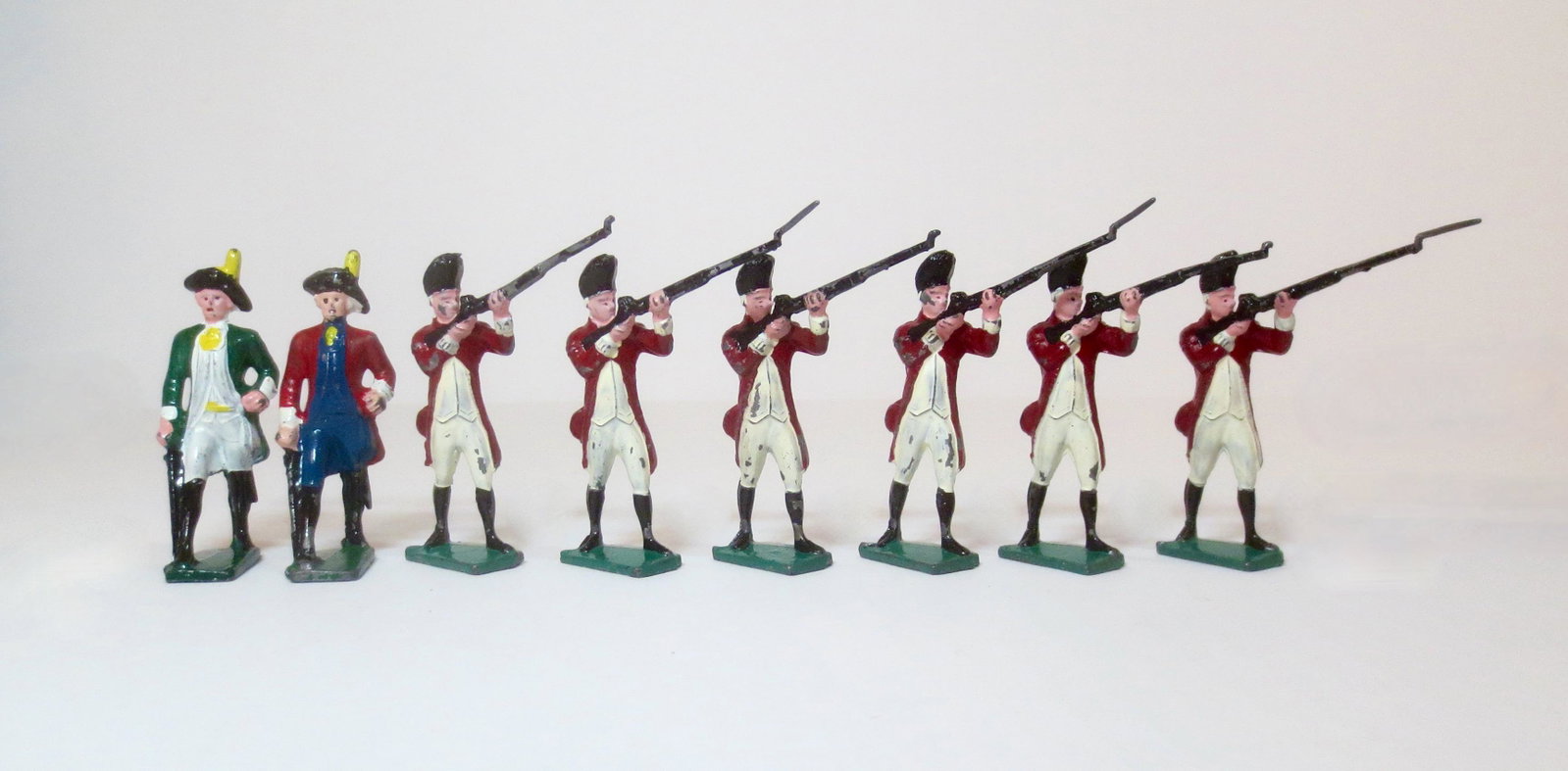 Jones American Revolution Figures: British and American Officers, plus six British Marines. 8 total pieces. Excellent to good condition (three broken bayonets). Unboxed.