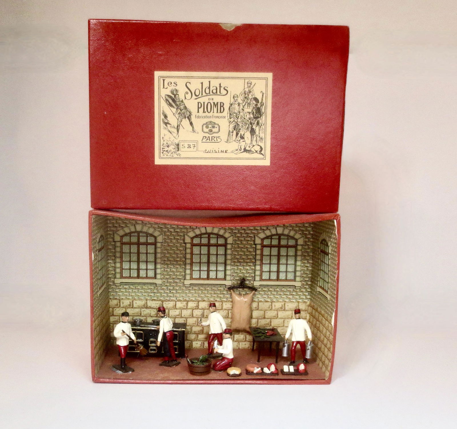 Mignot #587 Cuisine Diorama: Post war issue. 12 pieces. Excellent condition. Box good (some light water stains and paper peeled on top, one scuff on floor).