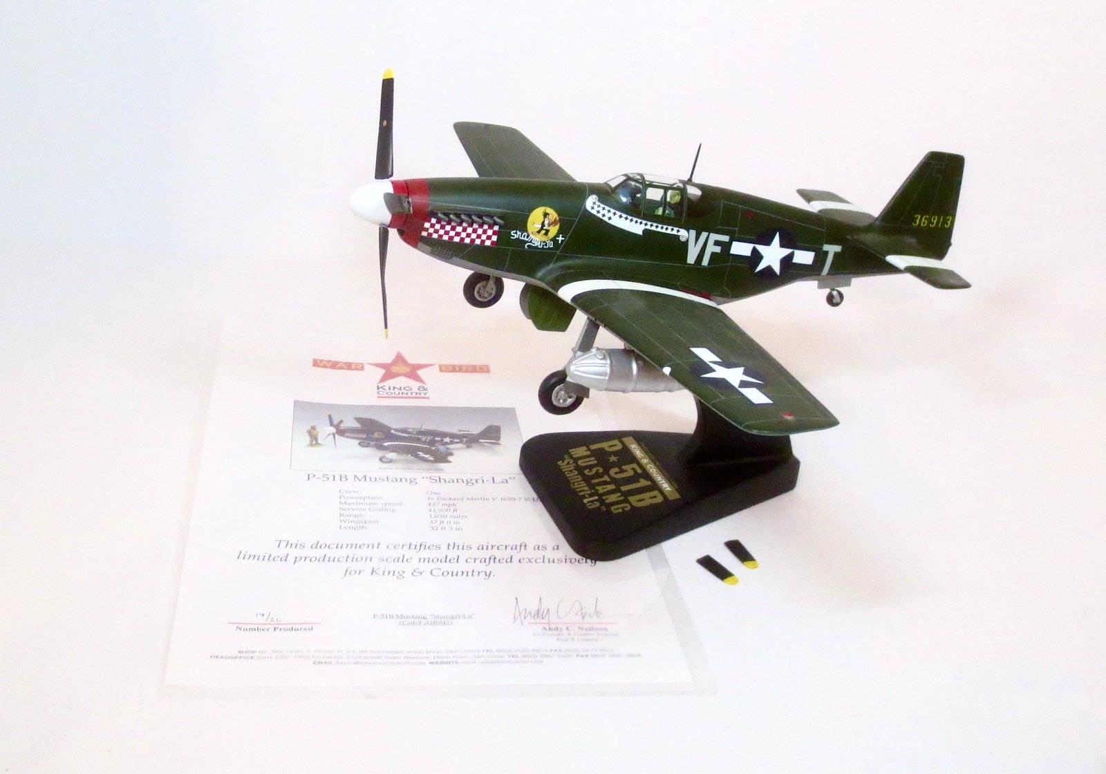 King & Country RARE "Warbird" P-51B Mustang: "Shangri-La". Limited edition, one of only twenty produced. K&C Warbirds are miniature 1:30 scale aircraft models of the highest caliber. Each is hand-carved (from the finest kiln-dried mahogany) and 