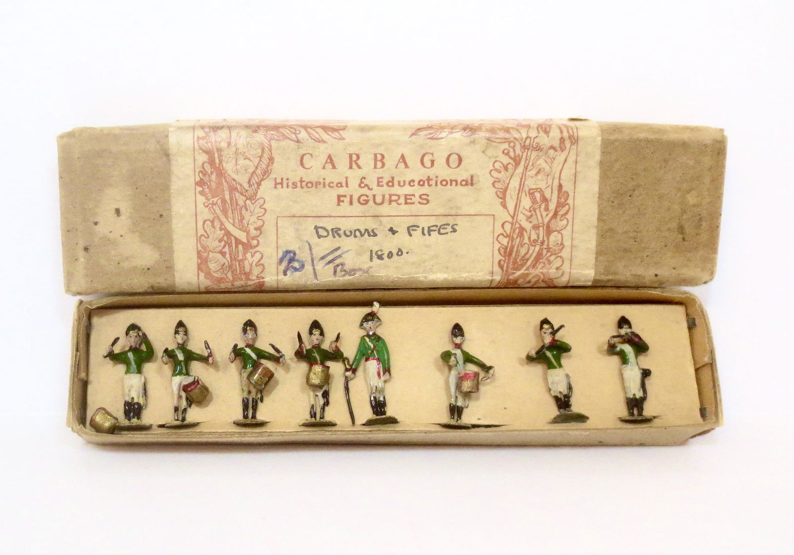 Carbago By Carman Infantry of 1800: Fifes and Drums, in original box. 8 pieces. Excellent condition (one loose drum). Original box excellent.