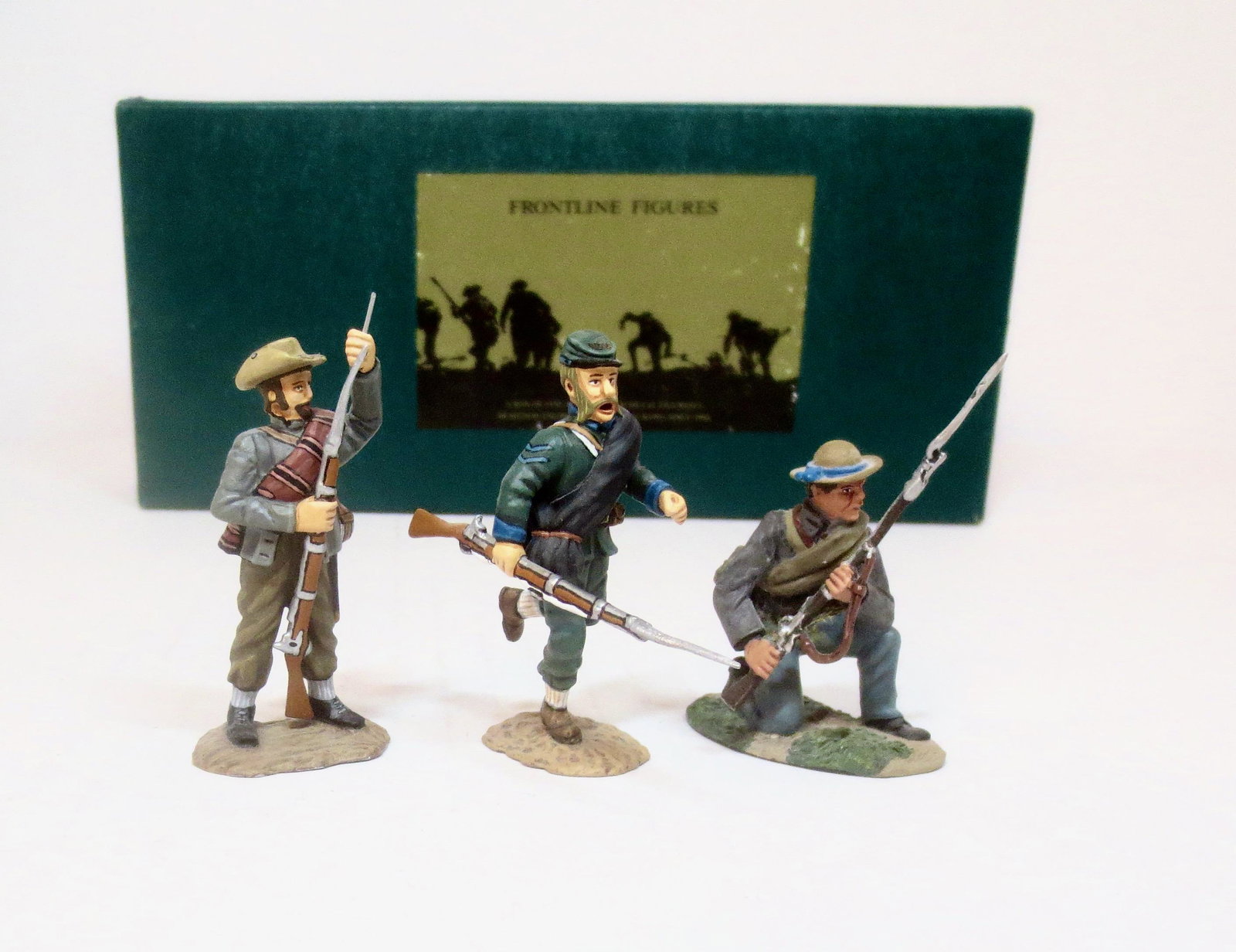 Confederate Soldier Trio: Frontline and Britains Figures. 3 pieces. Near mint condition. Comes with a mislabeled Frontline box.