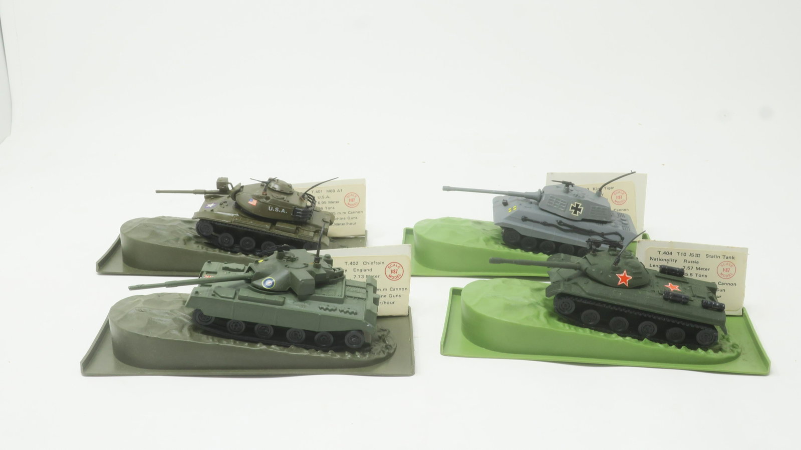 Dynamights - 1/87 scale Tanks on Scenic Bases: and original data sheets (1970) Chieftan; King Tiger; JS III; and M60, very good, 4 pieces
