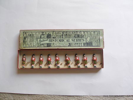 Britains Set # 1519 Highlanders: Waterloo Period with Muskets. Pre War in Original Historical Series Illustrated Box with inner retaining card.