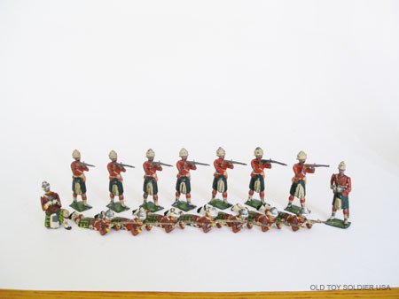 Britains Set #s 118 Gordon Highlanders Lying Firi: with kneeling Officer Pre War. 8 Pieces and Set #122 Black Watch Standing Firing with Officer. 8 Pieces. Unboxed.