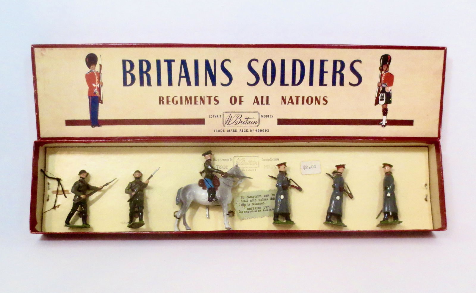 Britains #2187 U.S.S.R. Cavalry & Infantry: Scarce post war issue. 6 pieces. Mint condition, tied to card in ROAN box. Box excellent.