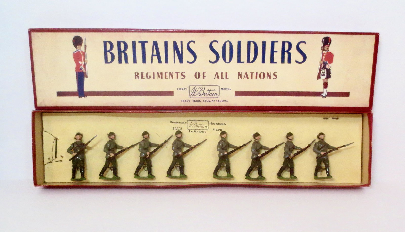 Britains #2032 The Red Army: In steel helmets. Post war issue. 8 pieces. Mint to near mint, tied to card in ROAN box. Box excellent.