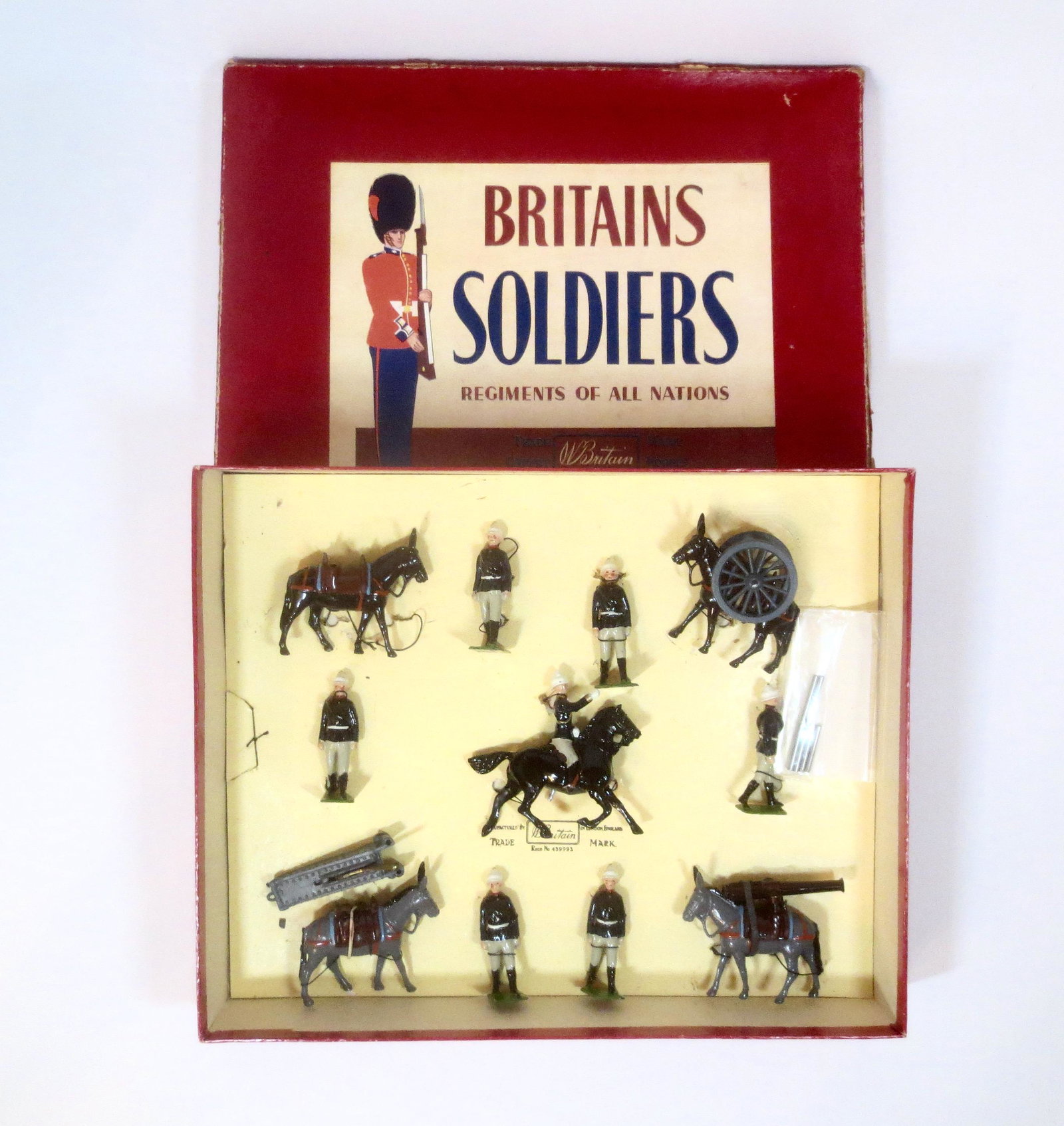 Britains #28 Royal Artillery Mountain Gun: Post war issue. 14 pieces. Excellent condition, retied to card in ROAN box (two loose). Box good with edge wear and one top corner split.