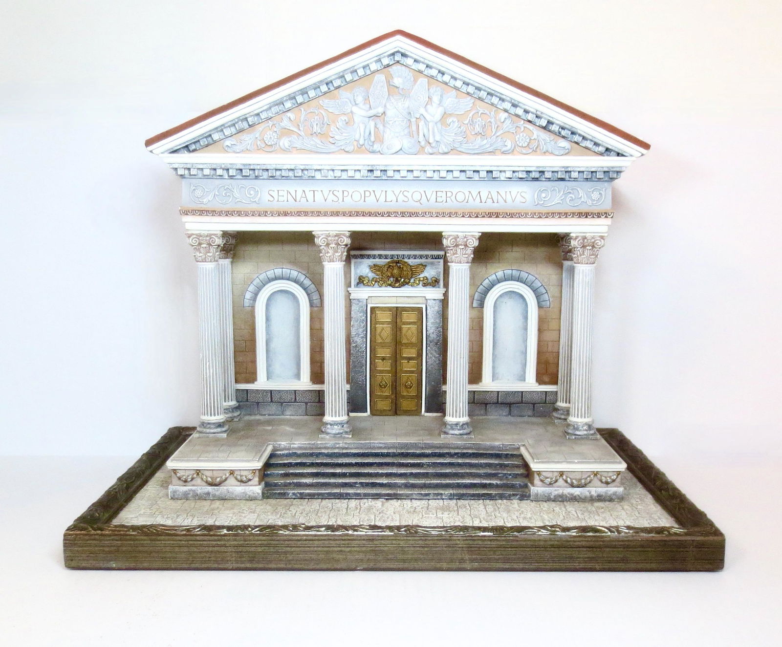 Roman Senate Building: Contemporary manufacture, made of wood and plaster. Nice size; 18cms x 38cms x 29cms. Attractive detailing. Impressive as a backdrop for Roman figures including the famed Heyde Triumph of Germanicus.