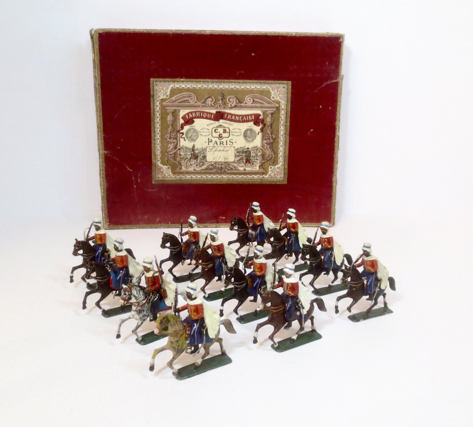 Gerbeau Algerian Spahis: Pre war issue. 12 pieces. Excellent condition. Box fair (top end splits, one loose top section, and some stains on the top).
