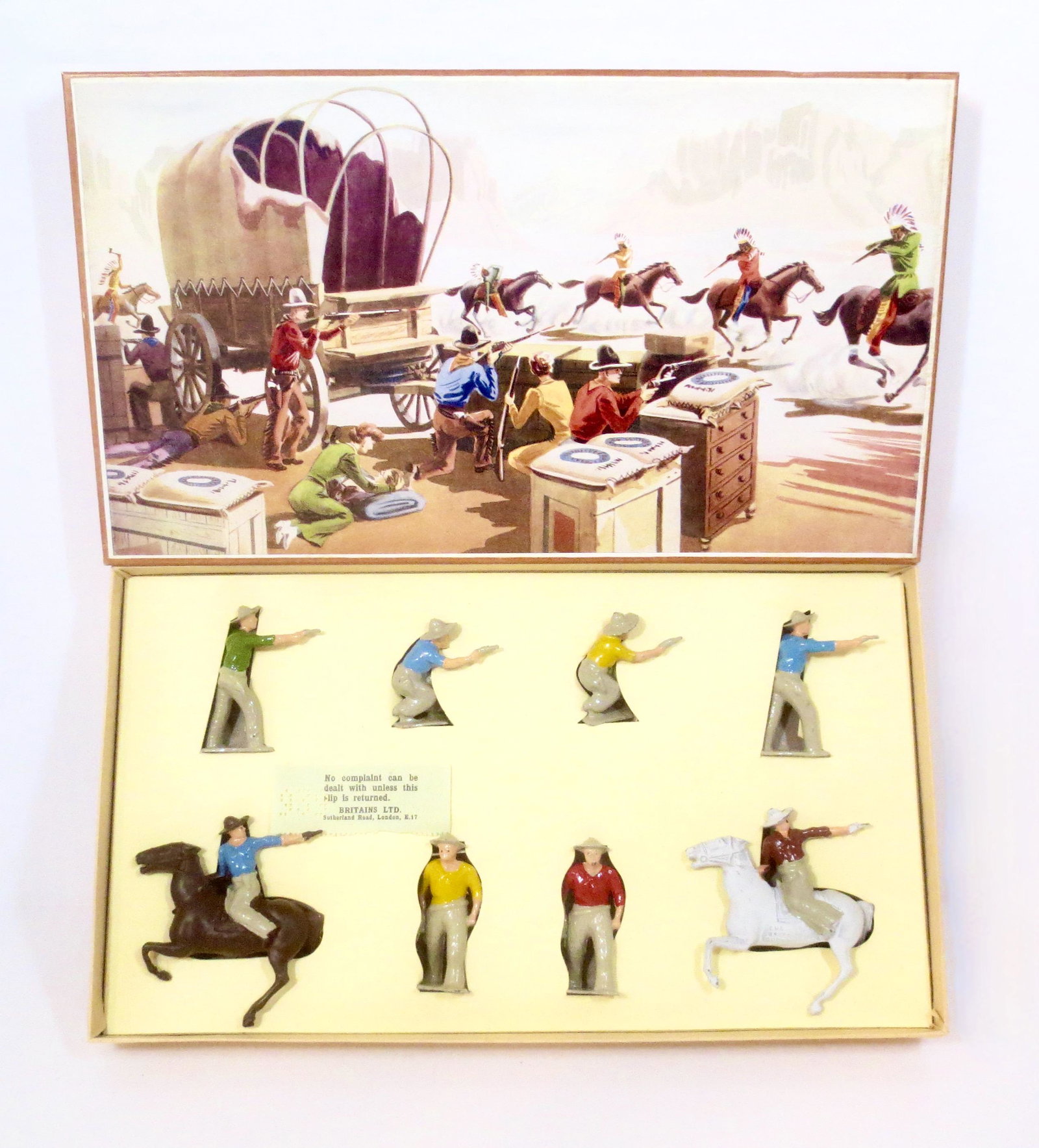 Britains #22s Cowboys: Mounted and on foot, from the DuoCrown Range. 8 pieces. Mint to near mint condition in wonderfully illustrated box. Box excellent.