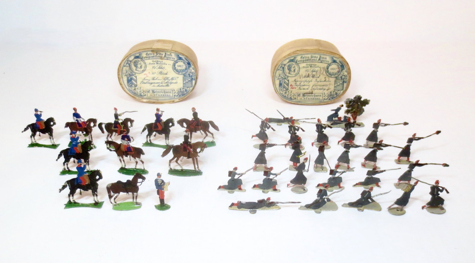 Heinrichsen French General Staff & French Infantry: Tin Flats. 30mm. 35 pieces. Excellent condition. Boxes very good.