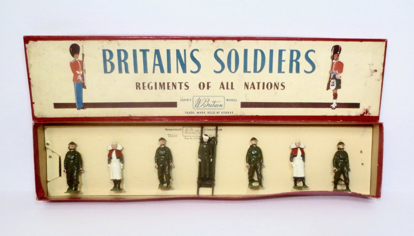 Britains Set #1723 Royal Medical Corps Unit.: Post war issue. 8 pieces. Mint to near mint condition, tied to card in ROAN label box. Box excellent.