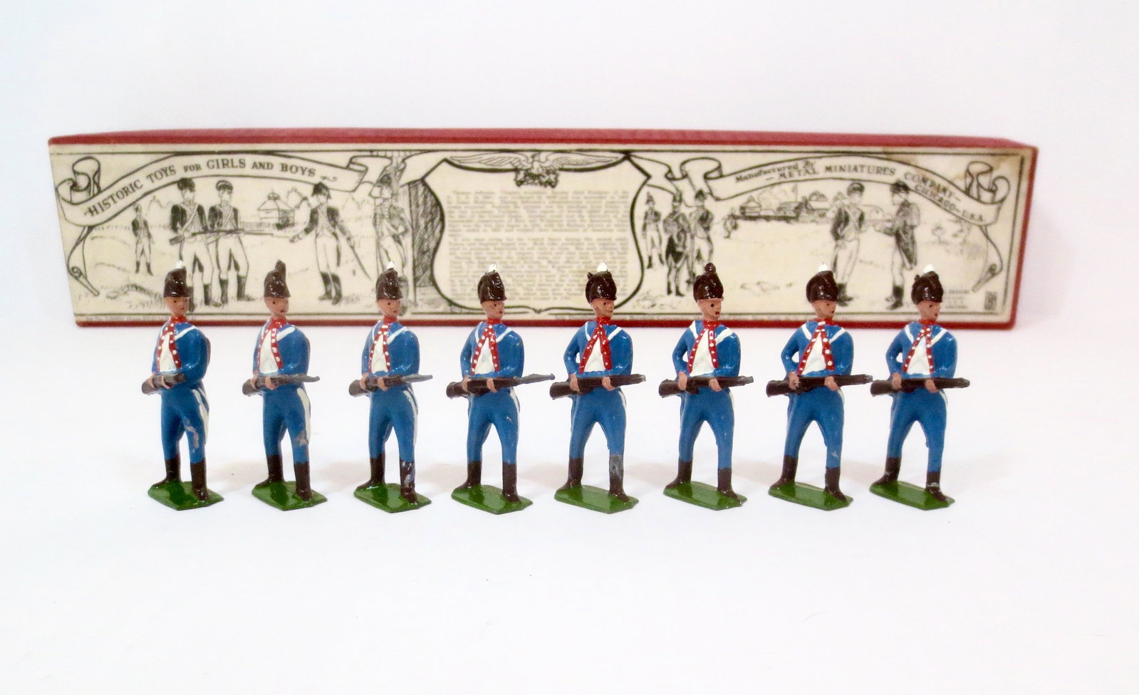 Jones #UA0092 First Regiment of Infantry: 8 pieces. Excellent to good condition. 5 figures missing bayonets. Box excellent.