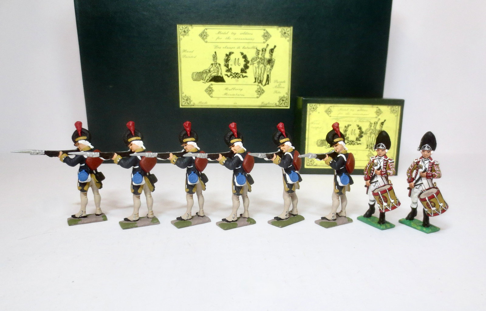 Mulberry Miniatures 1776 War: Governor General's Body Guard, and two 38th Staffordshire Regimental Drummers. 8 pieces. Mint condition. Boxes excellent.