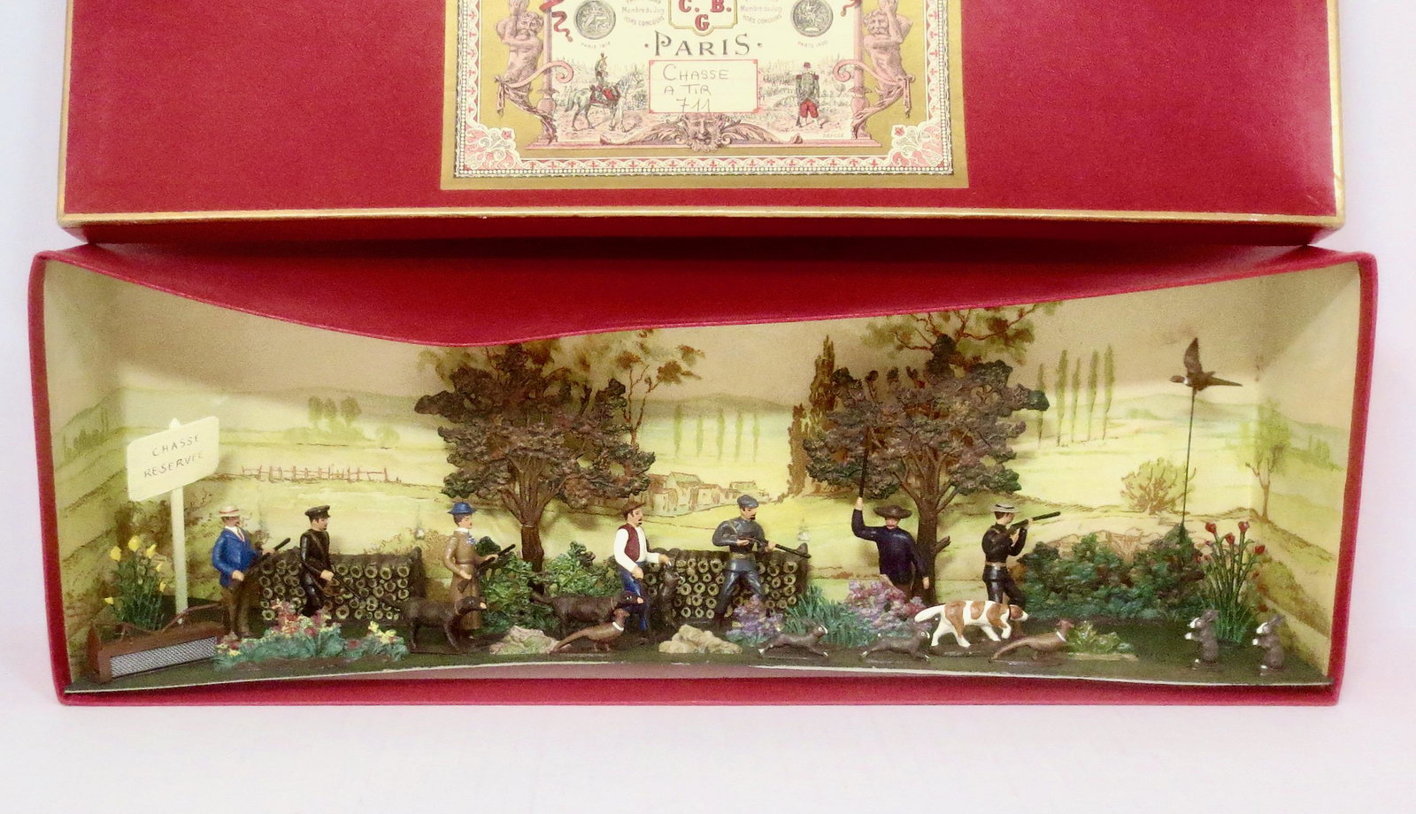 Mignot #711 "Chasse A Tir" Diorama: Gorgeous civilian hunt set. 31 pieces. Mint condition (dog loose). Box good, but bottom warped on one side.