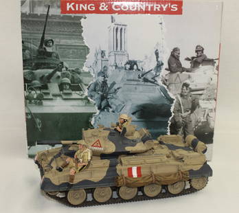 King & Country EA029 Crusader Tank: British Eighth Army. Crusader Tank in Desert Camo. 4 Pieces. Condition Very Good to Excellent. Tank Rider with Paint Chips and Bent Right Foot. Box Excellent.