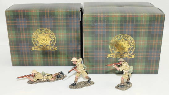 King & Country Lot British Riflemen: British Eighth Army. Lot includes Set #EA082 Rifleman Lying and Firing and Set #EA083 Charging with Rifle with Bayonet and Set #EA084 Standing Firing. 3 Pieces. Condition Excellent. Boxes