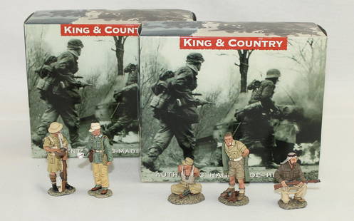 King & Country Lot LRDG with German POWs: British Eighth Army. Lot includes Set #EA012 Long Range Desert Group Serving Water to German POW and Set #EA019 British Soldiers Trying on German Uniform. 5 Pieces. Condition Excellent. Boxes