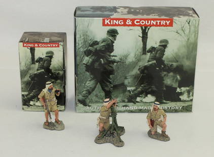 King & Country Lot SAS Mortar and Tommy Gun: British Eighth Army. Lot includes Set #EA021 SAS with Tommy Gun and Set #EA022 SAS Mortar with Crew. 3 Pieces. Condition Excellent. Boxes Excellent.