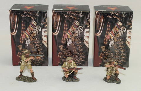 King & Country Lot Australian Troops: British Eighth Army. Lot includes Set #EA096 Australian Kneeling Firing, Set #EA098 Officer with Tommy Gun and Set #EA0128 Infantryman Kneeling. 3 Pieces. Condition Excellent. Boxes Excellent.