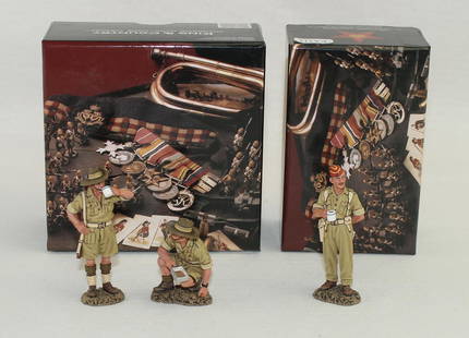 King & Country Lot British Australian Tea Time: British Eighth Army. Lot includes Set #EA111 British Officer with Tea Cup and Set #110 Australian Soldiers Drinking Tea. 3 Pieces. Condition Excellent. Boxes Excellent.