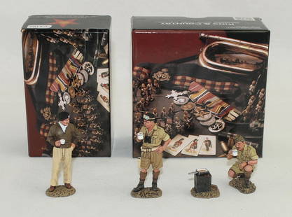 King & Country Lot General Montgomery Tank Crew: British Eighth Army. Lot includes Set #EA109 General Bernard L. Montgomery and Set #EA112 British Tank Crew. 4 Pieces. Condition Excellent. Boxes Excellent.