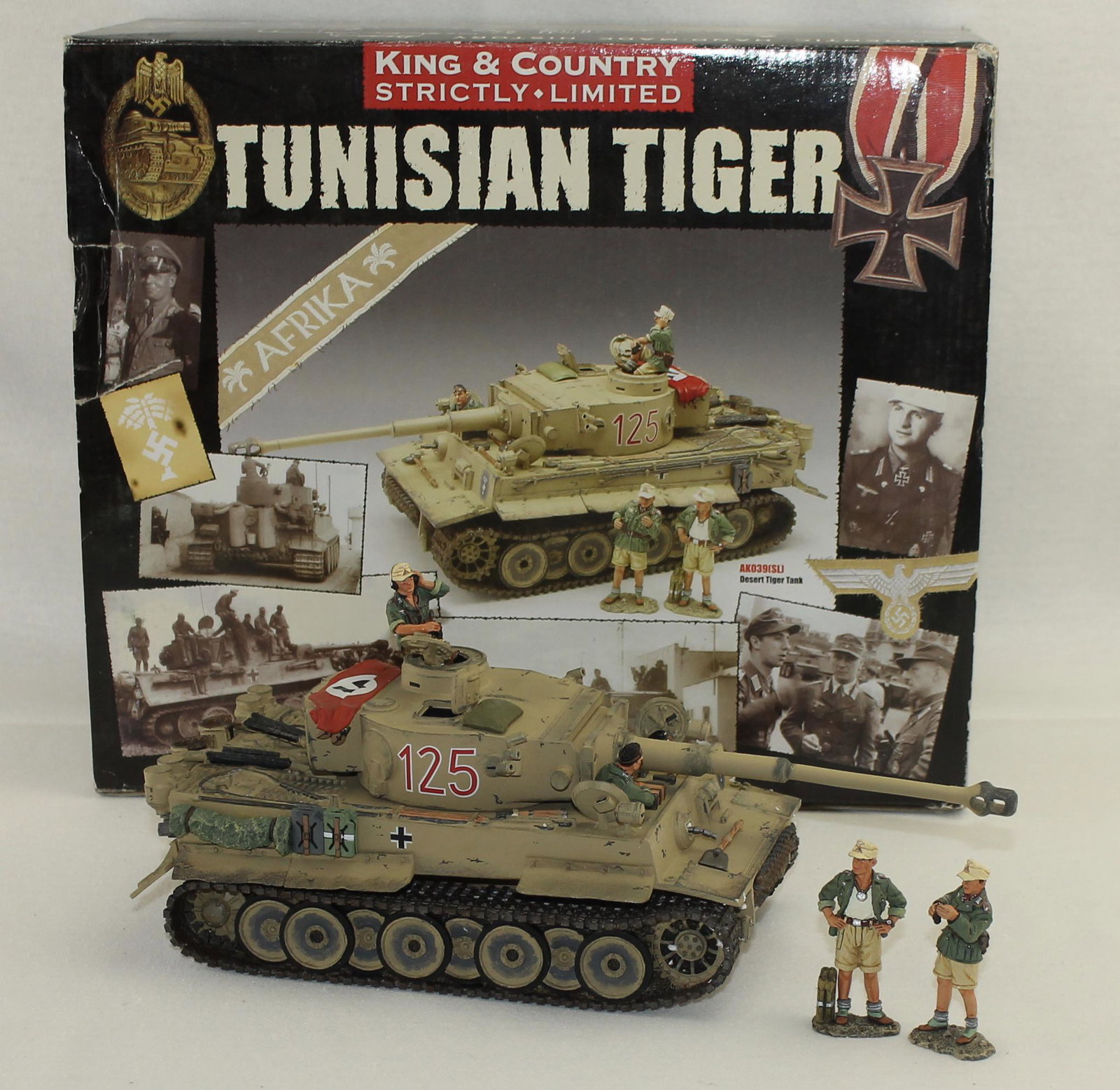 King & Country AK039SL Tunisian Tiger Tank: German Afrika Korps. Tunisian Tiger Tank with Crew. Strictly Limited Edition. 7 Pieces. Condition Excellent. Box Good.