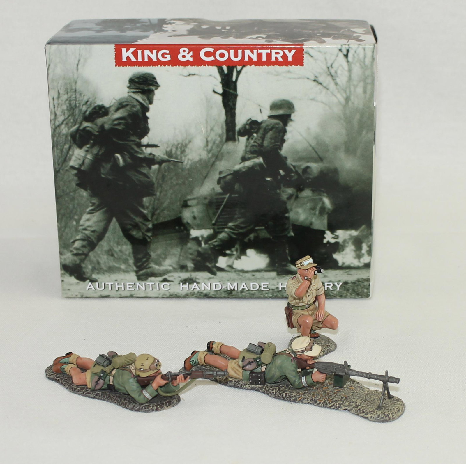 King & Country AK055 Machine Gun Crew: German Afrika Korps. Includes NCO, MG34 Gunner and Rifleman. 3 Pieces. Condition Excellent. Box Excellent.