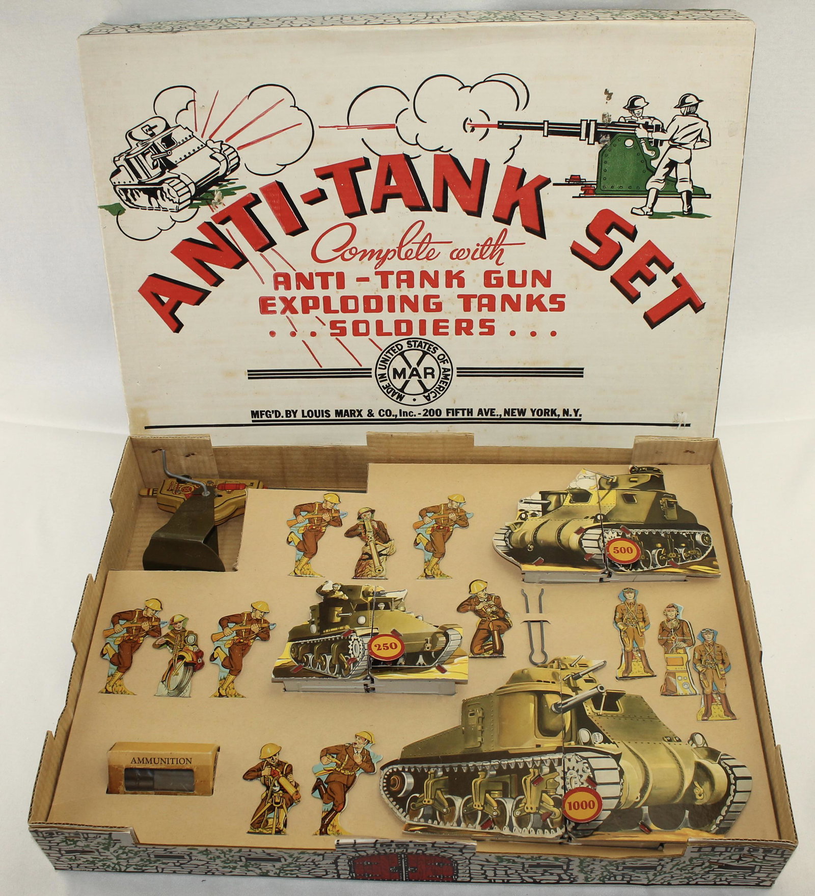 Marx Anti Tank Set: Anti Tank Set includes Rapid Fire Tin Lithograph Cannon, Cardboard Tin Lithograph Targets and Box of Ammunition. Complete Set. 17+ Pieces. Condition Excellent. Box Good to Very Good. One Small Punctur