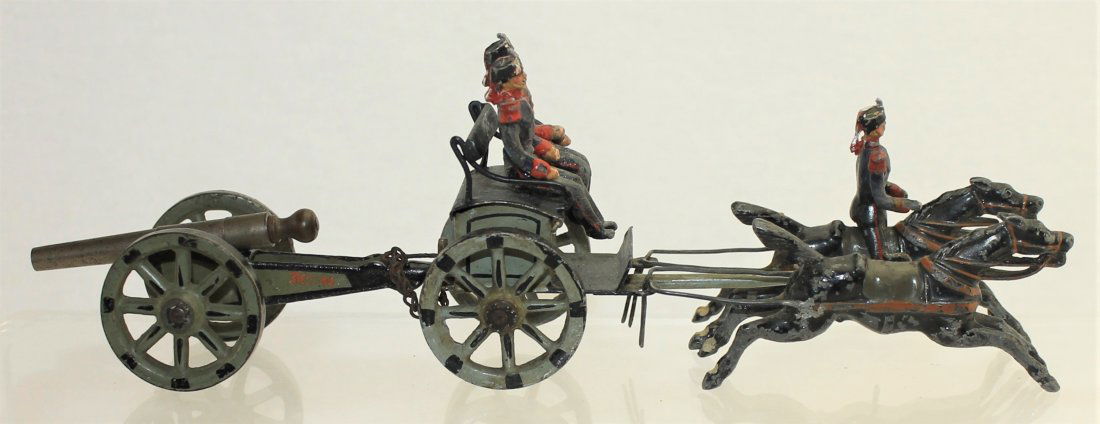 Marklin Gun Team: Marklin of Germany. Marklin #8021/31/00 Gun Team. Circa 1910. "00" Size Equivalent to Heyde's Size 2. 48mm Driver and Horse Team by Heyde. Early and Scarce Piece. Measures 9" Long Overall. 6 Pieces. C