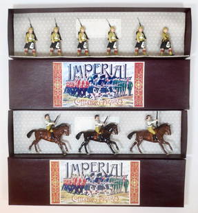 Imperial British Regiments: The Black Watch Marching in Foreign Service dress #23, and Highland Mounted Infantry on Cantering Horses #17. 9 pieces. Mint to near mint condition. Boxes excellent.