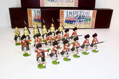 Imperial British Regiments: The Black Watch Marching in Foreign Service Dress #23, The Black Watch Charging #13a, and The Seaforth Highlanders Charging #13c. 18 pieces. Mint to near mint condition. Boxes excellent.