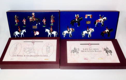 Britains Limited Editions: The Royal Scots Dragoon Guards #5290, and The Lifeguards Mounted Band #5195. 13 pieces. Mint condition. Boxes excellent.